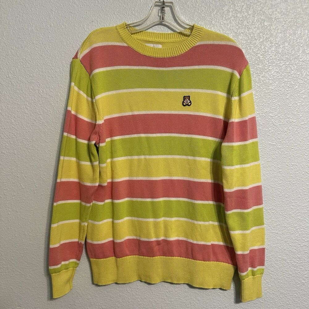 Teddy Fresh Stripe Knit Sweater Crew Neck Men's Small Pink Yellow Pink Green